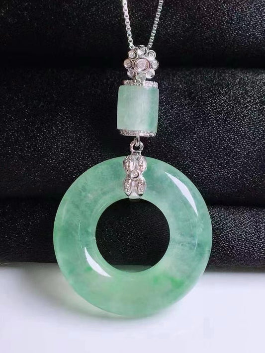 Icy Light Green Jadeite Jade Mini Donut Pendant Necklace